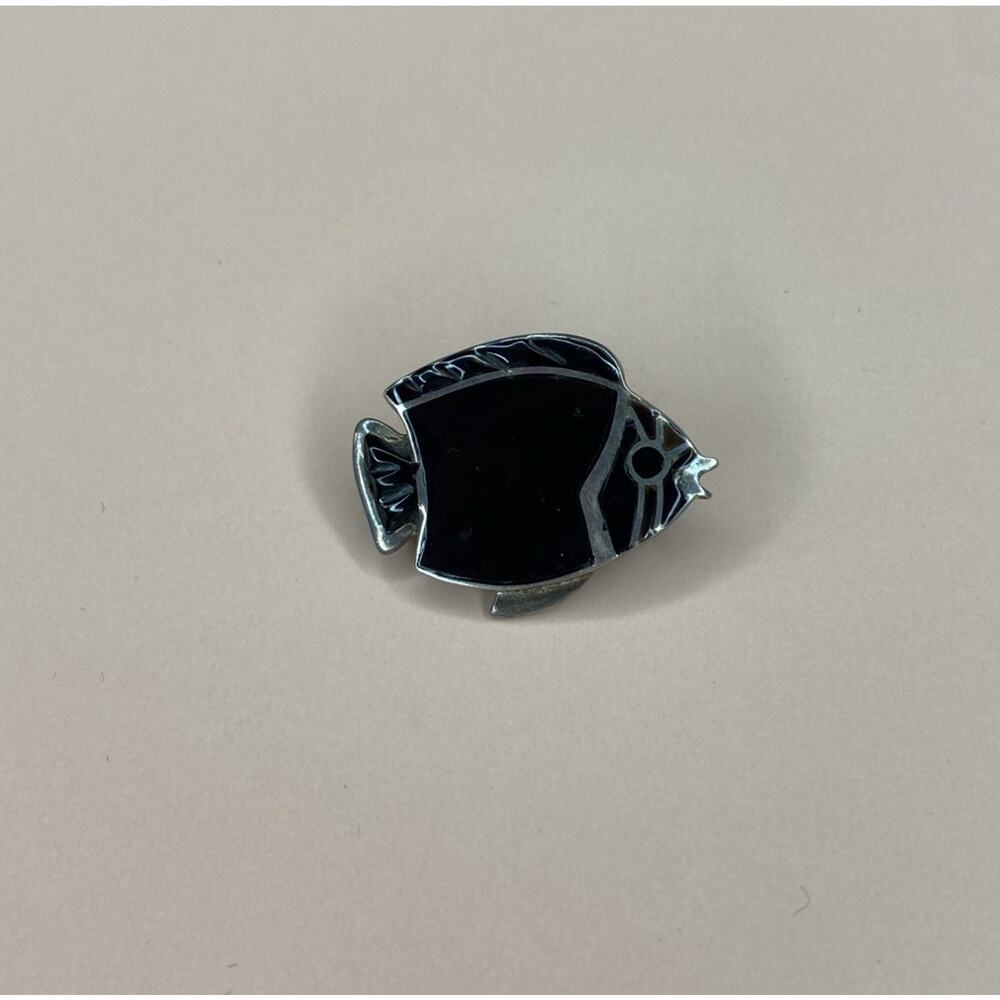 Vintage Signed Romeo Sterling Silver Brooch Pin Fish Black Onyx Enamel MCM 1950s